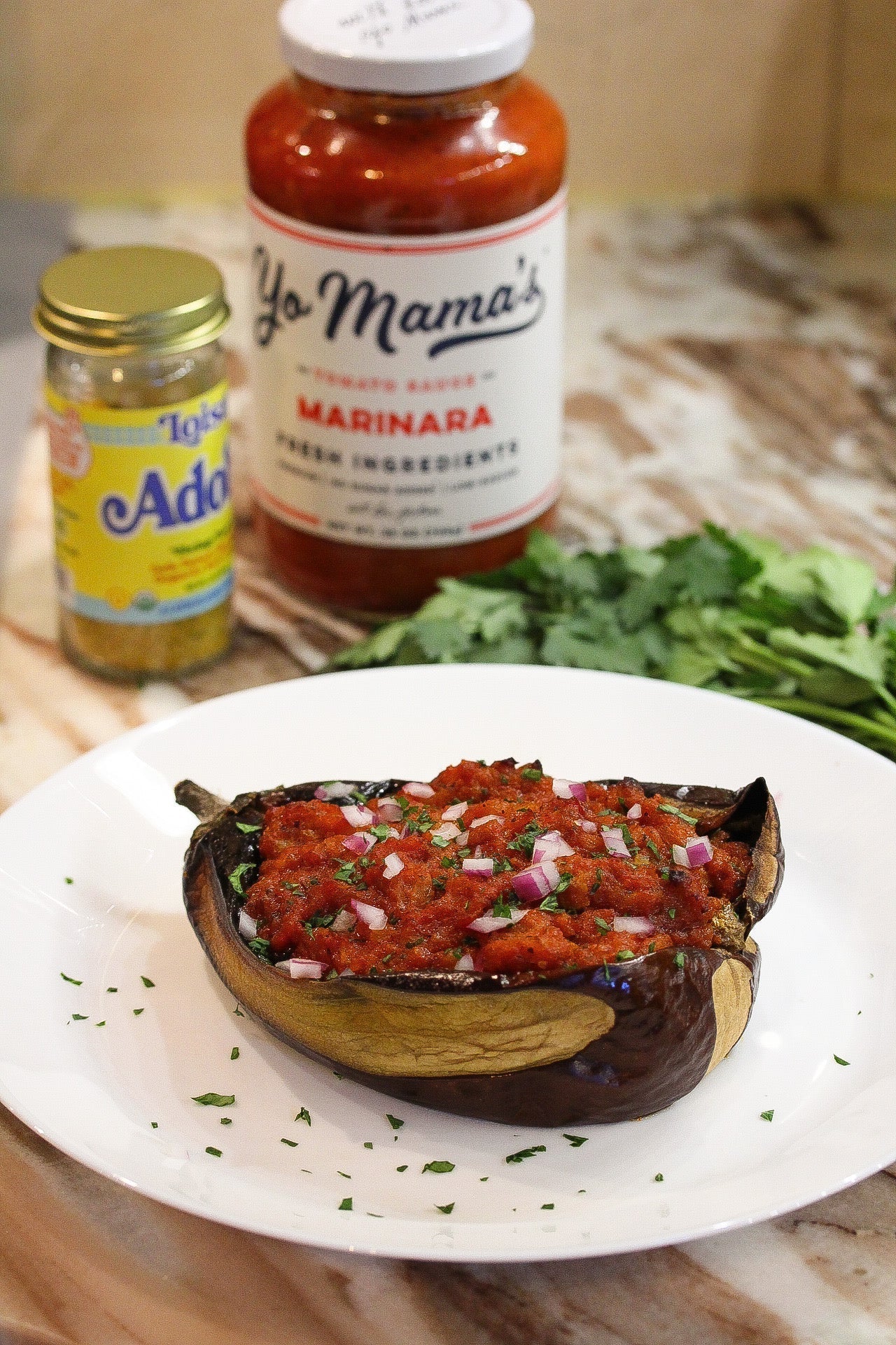 Tomato Adobo Stuffed Eggplant