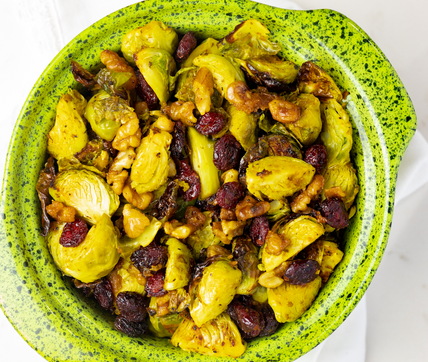 Sofrito Brussels Sprouts with Candied Sazón Walnuts