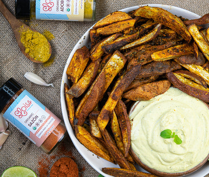 Baked Sazón Sweet Potato Fries with Tofu Lime Dip