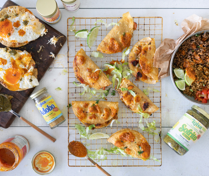 Three Back-to-School Meals: Egg and Cheese Tostadas, Pan-Fried Beef Tacos, & Sazón Beef Rice Bowl