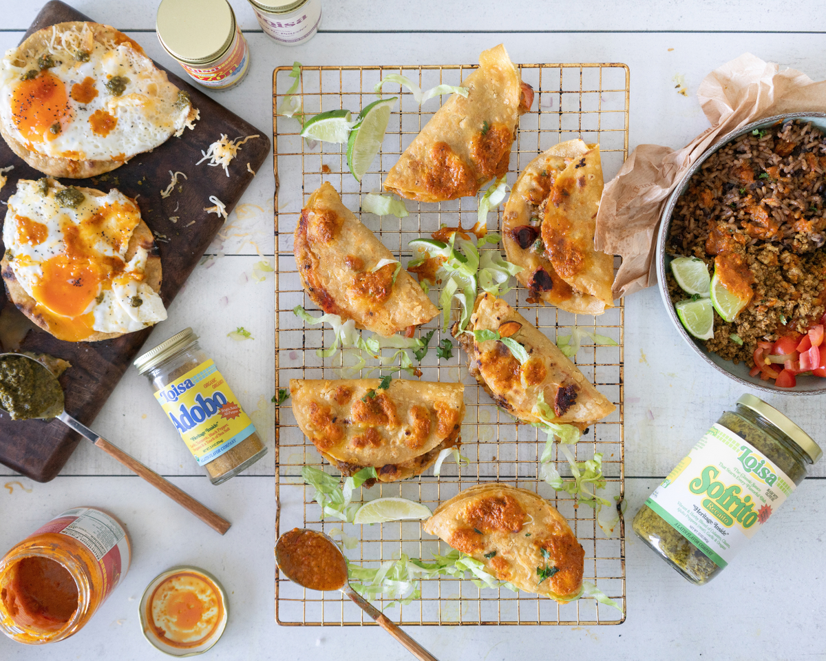 Three Back-to-School Meals: Egg and Cheese Tostadas, Pan-Fried Beef Tacos, & Sazón Beef Rice Bowl